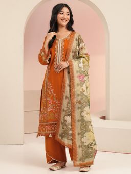 Libas - Women Rust Cotton Kurta with Trouser and Dupatta