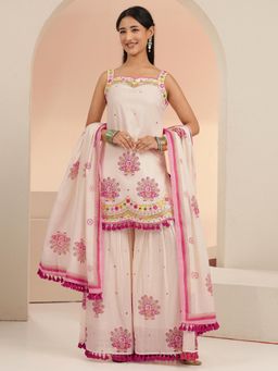 Libas - Women Off White Cotton Kurta with Sharara and Dupatta