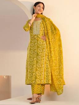 Libas - Women Mustard Cotton Kurta with Trouser and Dupatta