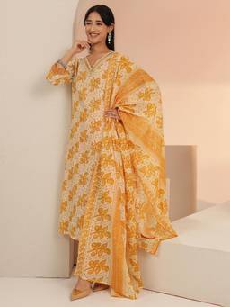 Libas - Women Yellow Cotton Kurta with Trouser and Dupatta