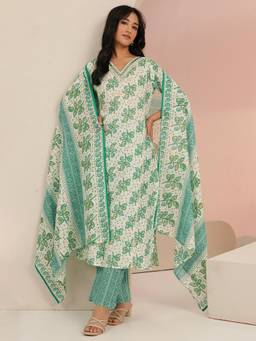 Libas - Women Green Cotton Kurta with Trouser and Dupatta