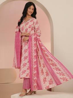 Libas - Women Pink Cotton Kurta with Trouser and Dupatta
