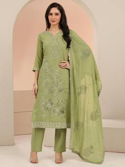 Libas - Women Green Silk Blend Kurta with Trouser and Dupatta