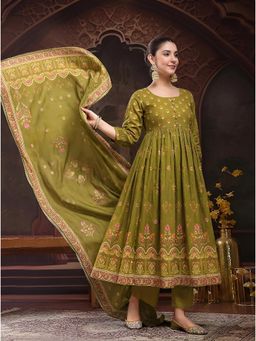 arangya - Women Green Cotton Anarkali Kurta with Pant and Dupatta