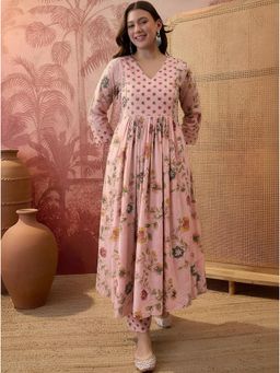 arangya - Women Pink Cotton Anarkali Kurta with Pant with Dupatta