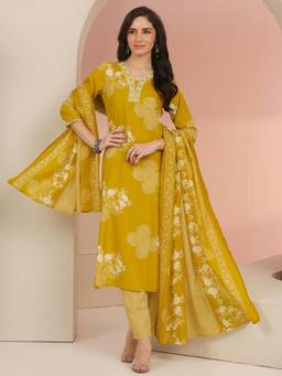 Gerua By Libas - Women Mustard Cotton Blend Kurta with Trouser and Dupatta
