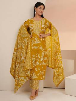 Gerua By Libas - Women Mustard Cotton Blend Kurta with Trouser and Dupatta