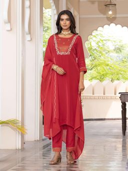 Vannya B - Prakriti Women Red Embroidered Natural Crepe Kurta and Pant with Dupatta