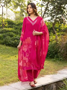 Vannya B - Nitya Women Pink Natural Crepe Festive Kurta and Pant with Dupatta