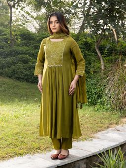 Vannya B - Sadhana Women Green Mul Chanderi Embroidered Festive Kurta and Pant with Dupatta
