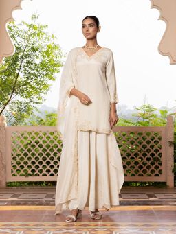 Vannya B - Anandi Women Beige Shimmer Crush Embroidered Kurta and Pant with Dupatta