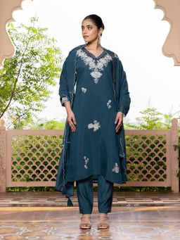 Vannya B - Purnima Women Dusty Teal Blue Mul Chanderi Embroidered Kurta and Pant with Dupatta