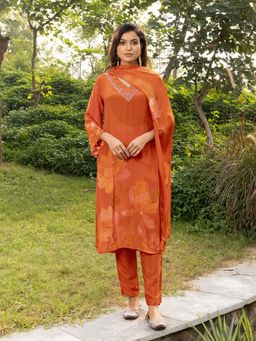 Vannya B - Tarika Women Orange Natural Crepe Embroidered Kurta and Pant with Dupatta