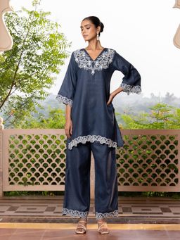 Vannya B - Sharmila Women Navy Blue Linen V-Neck Co-Ord Set