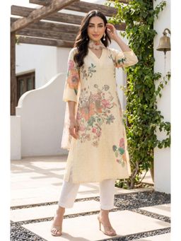 W - Beige Viscose Kurta with Pant and Dupatta
