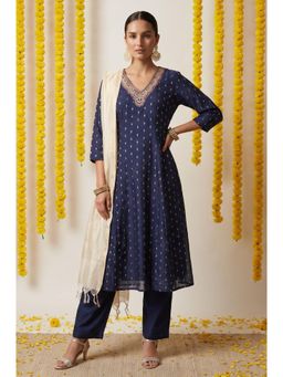 W - Navy Blue Chanderi Kurta with Pant and Dupatta