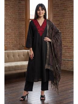 W - Black Cotton Kurta with Pant and Dupatta