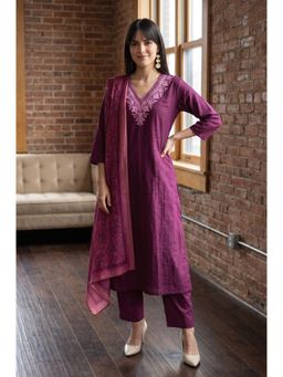 W - Purple Cotton Kurta with Pant and Dupatta