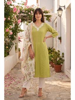 W - Green Cotton Flex Kurta with Pant and Dupatta