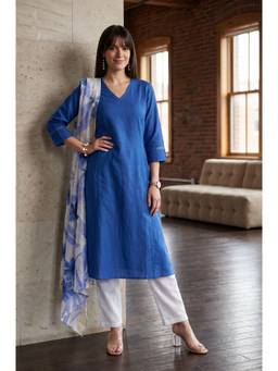 W - Blue Cotton Flex Kurta with Pant and Dupatta