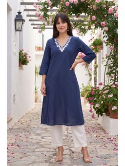 W - Navy Blue Linen Blend Kurta with Pant