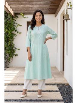 W - Green Linen Blend Kurta with Pant