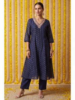 W - Navy Blue Chanderi Kurta