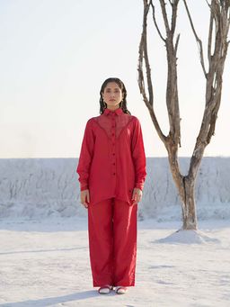 The Loom Art - Rose Red Solid Shirt With Pant Co-Ord Set