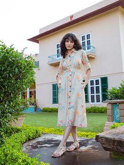 Karaj Jaipur - Cream Muslin Collar Neck Floral Midi Dress