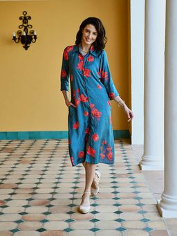 Karaj Jaipur - Blue Muslin Collar Neck Floral Midi Dress