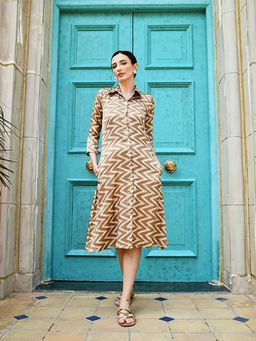 Karaj Jaipur - Brown Silk Collar Neck Geometric Midi Dress