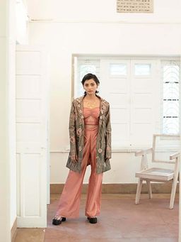 The Loom Art - Salmon Moss Crop Top With Pant And Blazer