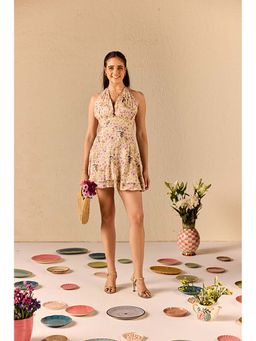 Old Marigold - Steffani Beige Floral Halter neck Mini Dress