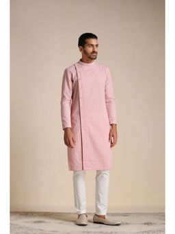 Manyavar - Pink Blended Cotton Embroidery Kurta with Pencil Pajama (Set of 2)