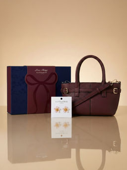 Accessorize London - Burgundy Handbag with Detachable Strap & Floral Earrings Valentines Gift Hamper