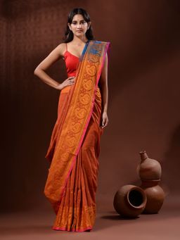 CHARUKRITI - Rust Cotton Handspun Handwoven Saree with Paisley Border with Unstitched Blouse