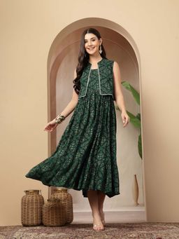 Stylum - Green Printed Flared Dress with Crop Jacket