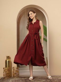 Stylum - Maroon Solid Flared Dress with Belt