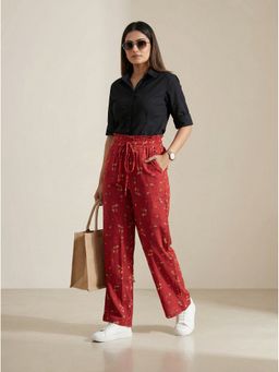 Zuri - High-Waist Smocked Flared Casual Red Pant