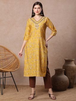 FASHOR - Yellow Ethnic Foil Printed and Embroidered Straight Fit Kurta