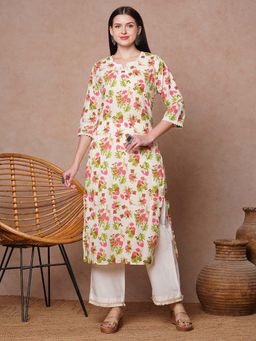 FASHOR - Off White Ethnic Floral Printed Straight Fit Kurta