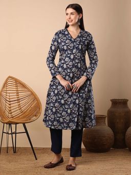 FASHOR - Blue Ethnic Floral Printed A-Line Flared Kurta