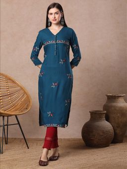 FASHOR - Teal Ethnic Floral Printed Straight Fit Kurta