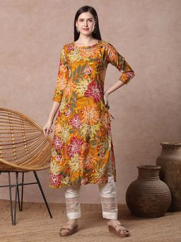 FASHOR - Mustard Floral Foil Printed Straight Fit Kurta