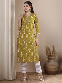 FASHOR - Mustard Ethnic Floral Printed Straight Fit Kurta