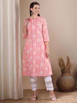 FASHOR - Peach Ethnic Floral Printed A-Line Flared Kurta
