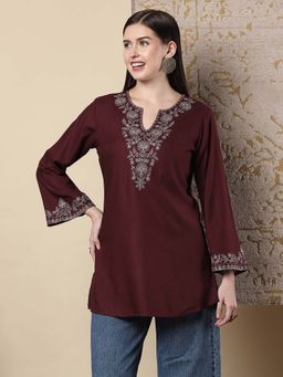 FASHOR - Burgundy Thread Work Embroidered Straight Fit Kurti