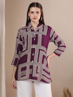 FASHOR - Purple Abstract Geometric Printed Straight Fit Shirt