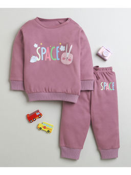 Bumzee - Mauve Girls Full Sleeves Cotton Sweatshirt and Jogger (Set of 2)