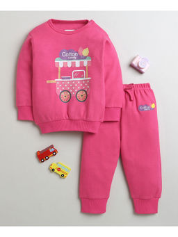 Bumzee - Pink Girls Full Sleeves Cotton Sweatshirt and Jogger (Set of 2)